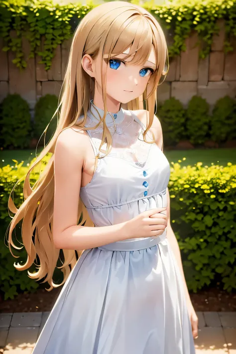 A girl with flowing golden hair and mesmerizing blue eyes, wearing an elegant white dress, standing in the midst of a vibrant garden filled with blooming flowers and lush greenery. The sunlight gently illuminates her delicate features, casting a soft glow ...