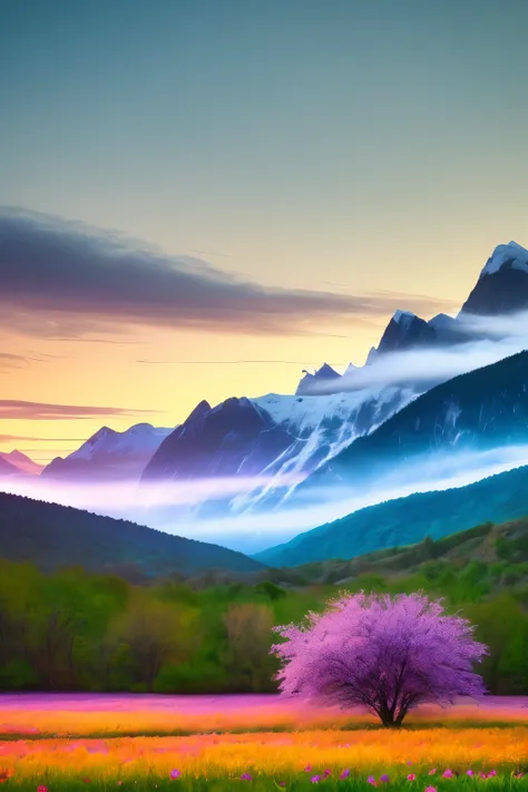 A breathtaking spring morning scene, as the sun begins to rise and the mountains gradually transform, coated in a pristine white layer. The sky, now a little brighter, plays host to thin, ethereal purple clouds that gently dance and flutter in the morning ...