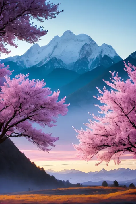 A breathtaking spring morning scene, as the sun begins to rise and the mountains gradually transform, coated in a pristine white layer. The sky, now a little brighter, plays host to thin, ethereal purple clouds that gently dance and flutter in the morning ...