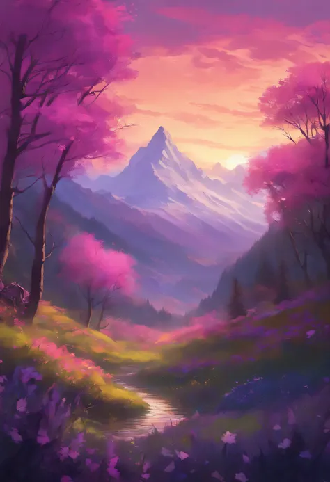 A breathtaking spring morning scene, as the sun begins to rise and the mountains gradually transform, coated in a pristine white layer. The sky, now a little brighter, plays host to thin, ethereal purple clouds that gently dance and flutter in the morning ...