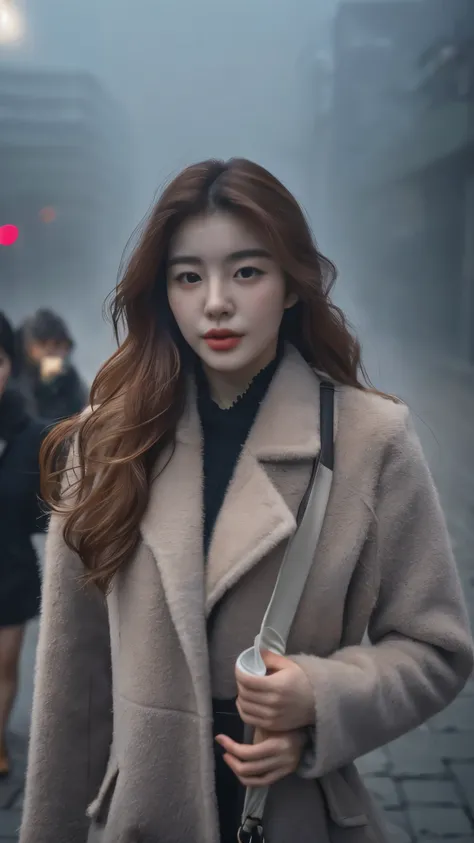 Close-up shot of beautiful korean female, 34 inch breasts size, wavy hair, wearing long coat, walking in the city, foggy atmosphere, UHD