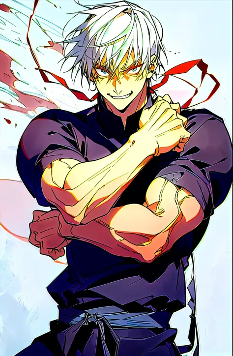 (masterpiece, best quality:1.2),white hair,cowboy shot, solo, male focus, 1boy, fushiguro toji, muscular male, evil grin, looking at viewer, black shirt, short sleeves, pantsRyota is tall and muscular, with a rugged, weather-beaten appearance that speaks t...