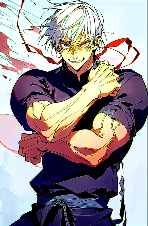 (masterpiece, best quality:1.2),white hair,cowboy shot, solo, male focus, 1boy, fushiguro toji, muscular male, evil grin, lookin...