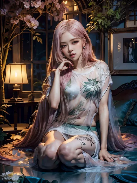 1sexy girl with forest clothes, flowers, leaves, mandalas, fractal, Sleeping Beauty, by Bella🦋 full body, beautiful girl sleeping, room with mirror, girl sleeping on bed and sheets, old clock and lamp on table, full body, pink hair, Transparent clothing,op...