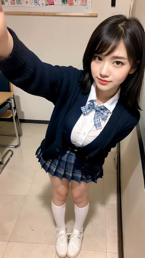 8K、High resolution、masterpiece、realistic、In detail、fine texture、high contrast、alone、high school girl、natural body shape、white skin、natural makeup、black hair、bangs、straight long hair、((high school uniform))(((navy blue cardigan、white collared blouse、red sch...