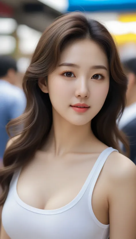 Close-up shot of beautiful korean female, 34 inch breasts size, wavy hair, slightly smile, wearing v-neck, tank top, looking side, in the market, crowded, UHD
