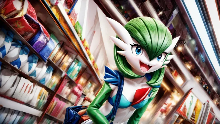 (best quality,4k,8k,highres,masterpiece:1.2),ultra-detailed, gardevoir as a college girl shopping in a mall, strutting her stuff...