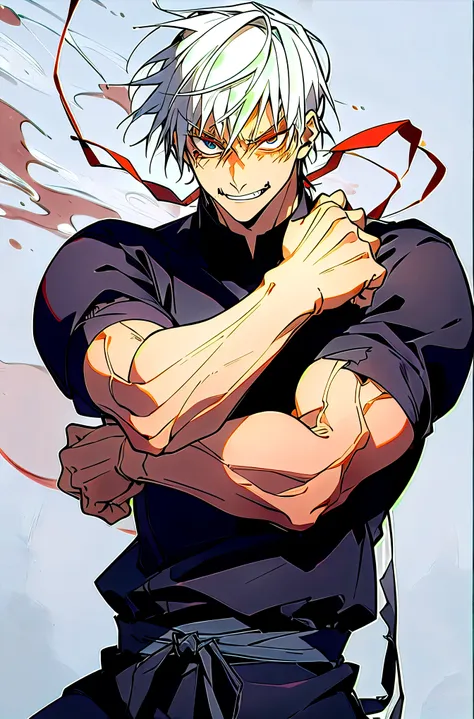 (masterpiece, best quality:1.2),white hair,cowboy shot, solo, male focus, 1boy, fushiguro toji, muscular male, evil grin, looking at viewer, black shirt, short sleeves, pantsRyota is tall and muscular, with a rugged, weather-beaten appearance that speaks t...