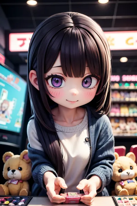 A girl looking into a stuffed animal picking game at a game center、sparkling eyes、smile、