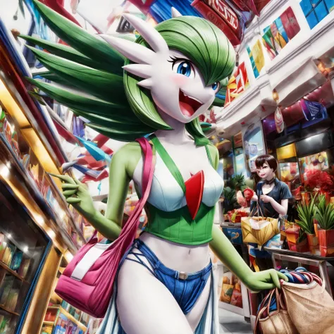 (best quality,4k,8k,highres,masterpiece:1.2),ultra-detailed, Gardevoir as a College Girl shopping in a mall, strutting her stuff, Smiling and laughing, Flirting with the viewer, Pokémon, Pokémon (game), game freak, nintendo, (porcelain skin), blue eyes, (h...
