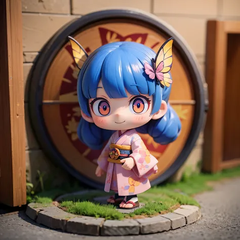 Anime characters in Japan（chibi girl、smile、kimono、butterfly hair ornament）There is a manhole cover with a、colorful