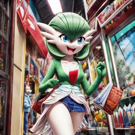 (best quality,4k,8k,highres,masterpiece:1.2),ultra-detailed, Gardevoir as a College Girl shopping in a mall, strutting her stuff, Smiling and laughing, Flirting with the viewer, Pokémon, Pokémon (game), game freak, nintendo, (porcelain skin), blue eyes, (h...