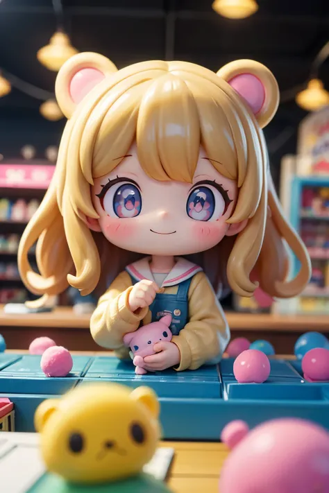 A girl looking into a stuffed animal picking game at a game center、sparkling eyes、smile、