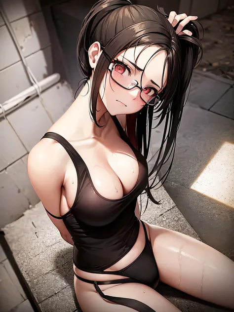 1 anime girl, big breasts, skinny body, ponytail hair, brunette hair, wearing broken eyeglasses, blood flowing down the forehead, sad face, crying ,, wet body, sweaty body, wet skin, sweaty skin, hard nipples, wearing black intricate thongs, wearing sleeve...