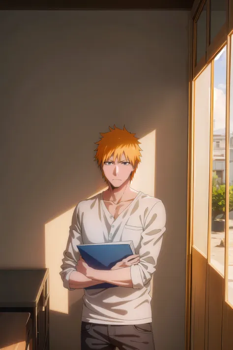 ichigokurosaki, ichigo kurosaki, cabelo curto, cabelo laranja, cabelo espetado, (olhos castanhos:1.5),
quebrar shirt, mangas com...