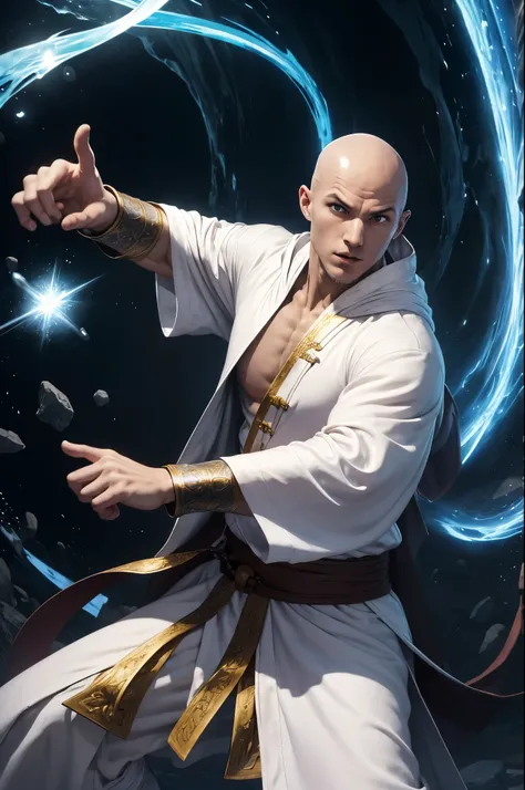 A monk (age 25, european, bald, athletic, white robe, platinum trim, bahamut holy symbol, holy aura), is in a fighting stance, kung fu, magic energy