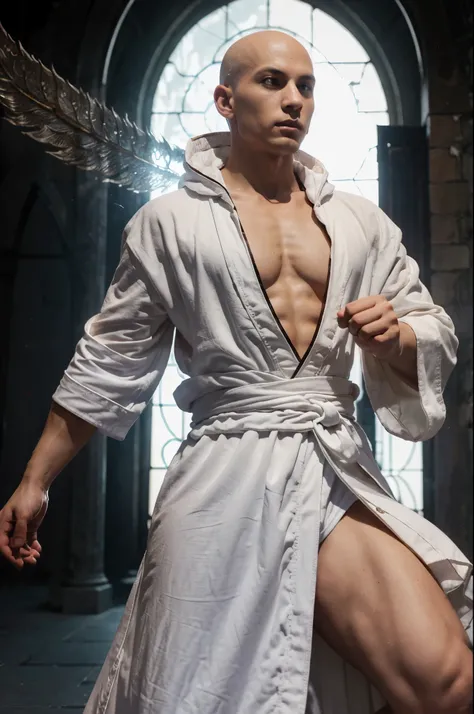 A monk (age 25, european, bald, athletic, white robe, platinum trim, bahamut holy symbol, holy aura), is in a fighting stance, kung fu, magic energy