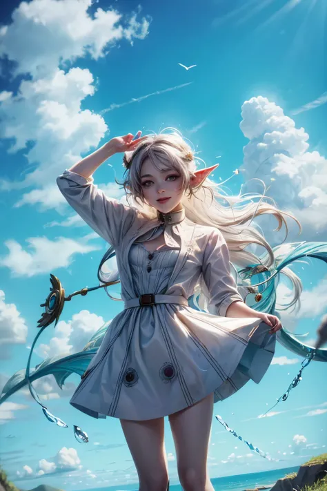 "((Innocent)) Smile, playful escapade, clockwork wonderland, joyous moments frozen in time, ((effervescent clouds)), liquid laughter, vibrant colors, whimsical tales,frieren, Elf