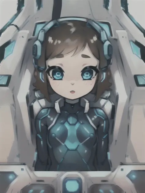 (young girl:1.2), (brown hair), (small breasts), (black and white plugsuit:1.2), (vibrant colors blue green futuristic cockpit)