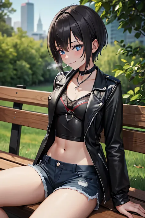 ((masterpiece)), (bestquality), ((ultra-detailed)), ((cinematic lighting)), depth of field, (dynamic angle),detailed lighting, (beautiful detailed blue eyes), 1girl, Punk Girl:1.4, goth girl:1.4, short black hair, sitting on a bench, Smoking:1.4, tanned sk...