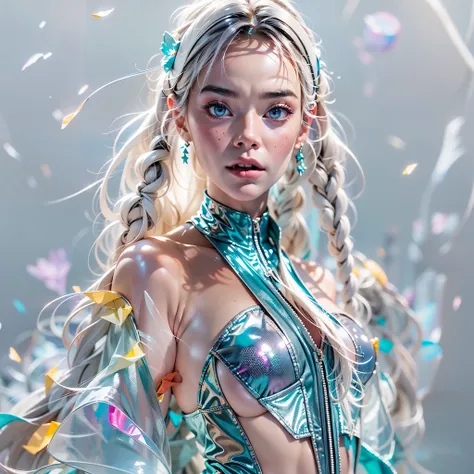 Superhero Girl ("Elle Fanning"), (slender body:1.3), emitting, sparkling, neon, (Correct anatomy:1.4), Revealing bikini. A very beautiful, well-groomed girl, with clear skin, beautiful lips, and a slight smile on her face. Beautiful figure, modern clothes,...