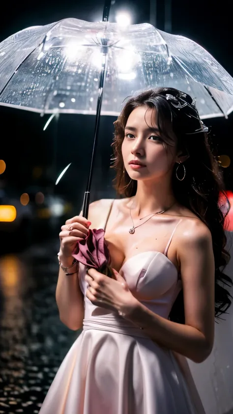 (RAW shooting, Photoreal:1.5, 8K, highest quality, masterpiece, ultra high resolution), perfect dynamic composition:1.2, In front of a church at night in a modern city, expression of sadness:0.7, ((((Typhoon heavy rain)))), Highly detailed skin and facial ...