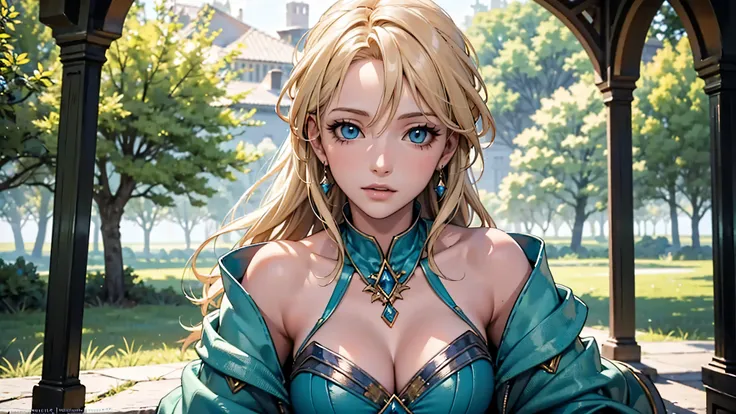 ((Wallpaper in 2.5D anime, MMORPG style), (best quality, 4k, 8k, highres, masterpiece:1.2), ultra-detailed, (realistic, photo-realistic:1.37)). In a stunning fantasy setting, a blonde woman of European beauty takes a dynamic pose, destacando-se em meio a u...