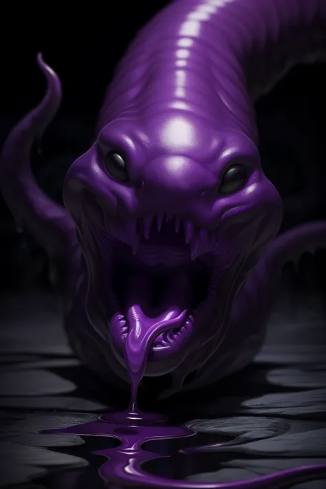 In the depths of the darkest recesses, a slime demon lies in wait, its lean and sinuous form exuding an otherworldly aura. The demons body is a rich, vibrant purple, shimmering with a hyper-realistic texture that defies the laws of nature. Its fluid and sy...