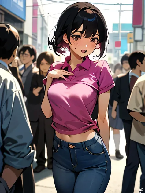 No bra, lower body, Japanese, very short, pubic hair, beautiful breasts, embarrassing, shyness, worries, beautiful breasts, black hair, changing room, changing clothes, standing, arms, hands on chest, magenta polo shirt, jeans, small breasts ((lift the ski...