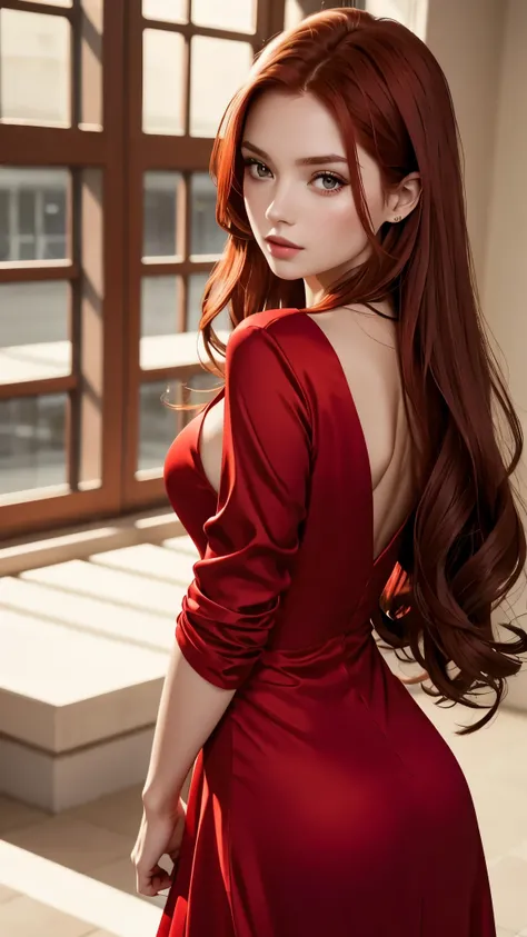 Beautiful redhead girl with brown eyes and long hair in elegant red dress on a photo shoot 