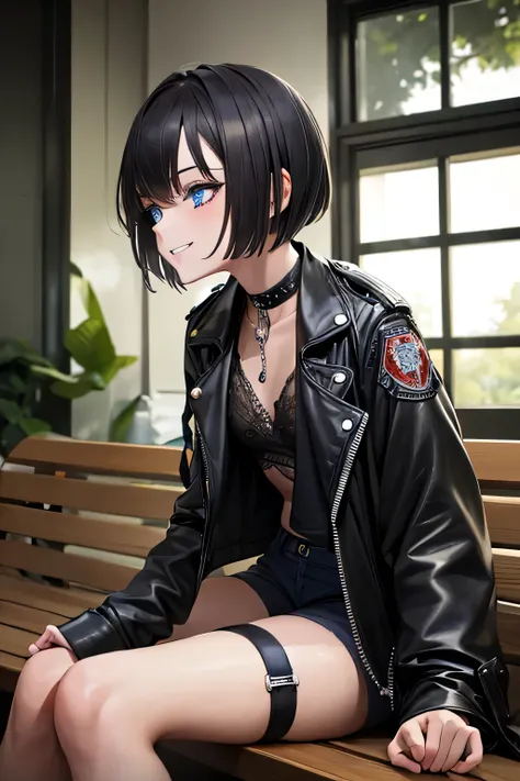 ((masterpiece)), (bestquality), ((ultra-detailed)), ((cinematic lighting)), depth of field, (dynamic angle),detailed lighting, (beautiful detailed blue eyes), 1girl, Punk Girl:1.4, goth girl:1.4, short black hair, sitting on a bench, Smoking:1.4, tanned sk...