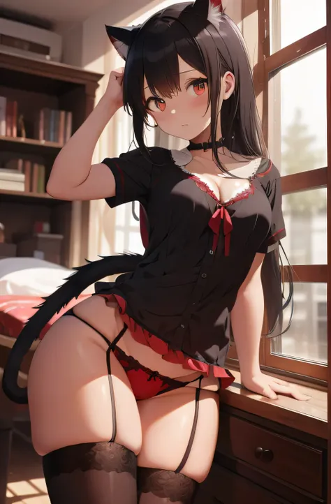 masterpiece, visible cleavage, best quality, highres, ondr, arms behind back,  pressed out, 1girl, cat girl, stockings, cat ears and tail, seductive eyes, dominant, red panties exposed,  curvy, older sister, red lingerie, teasing, stockings, garter belt, c...