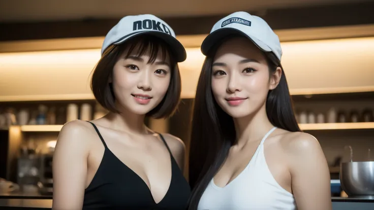 8K, masterpiece, highest quality, photo-realistic, Super detailed, 2 girls, Asian, sports body, wearing a cap,realistic skin texture, 1 girl long hair, 1 girl with short hair, (chest:1.0), (smile:0.9), look at the viewer, Tube top, movie lighting, face foc...