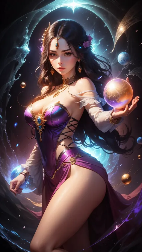 a beautiful magical woman holding an orb in her hand