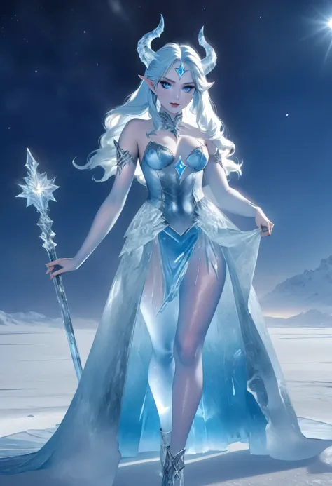 (8k, highest quality, masterpiece: 1.2), (realistic, realistic: 1.37), super detailed, ((an ice female sexy demon:1))、standing i...