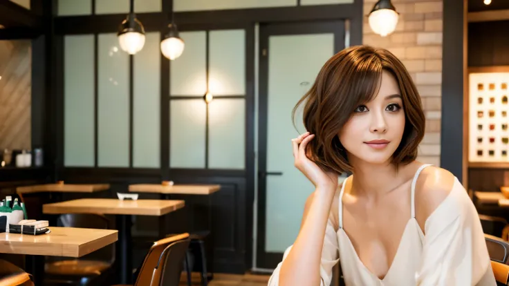 Realistic female beauty salon model,　bob style hairstyle japanese、Inside the cafe