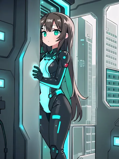 (young girl:1.2), (brown hair), (small breasts), (black and white plugsuit:1.2), (vibrant colors blue green futuristic building)