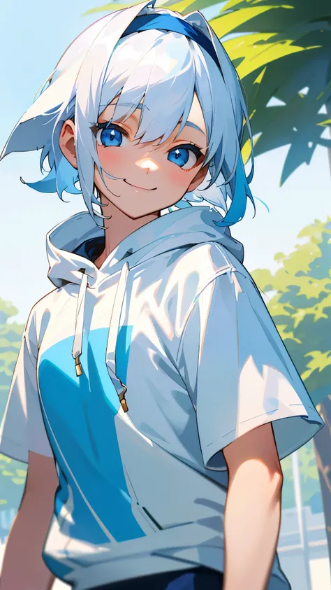 17 year old girl、short hair like a boy、dark blue hair、light blue eyes、white hair band、looking at the viewer、smile、wearing a white hoodie、white t-shirt、upper body close-up、shorts、Early summer street tree background