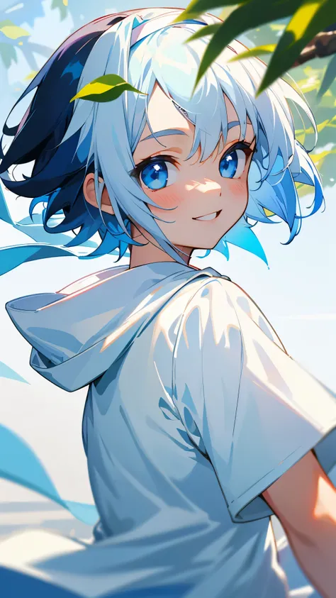 17 year old girl、short hair like a boy、dark blue hair、light blue eyes、white hair band、looking at the viewer、smile、wearing a white hoodie、white t-shirt、upper body close-up、shorts、Early summer street tree background