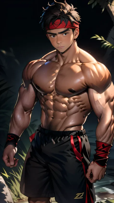 (Masterpiece, Best quality 19 year old boy, Shota, simple background), solo, Young, boy, full bodyesbian, Shirtless, topless, (Dark Short straight hair, under cut, brown eyes), (red headband, black shorts, ((black wristband))), Vivid colors, (hot Abs, big ...