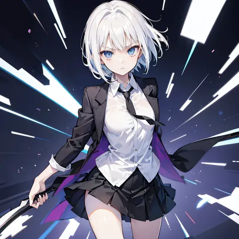 - Maka Albarn: 
  - Short, choppy white hair with asymmetrical bangs
  - Wearing a black blazer over a white shirt and short skirt
  - Carrying her weapon partner, Soul Eater Evans, who transforms into a scythe
  - Stern, determined expression with a hint ...