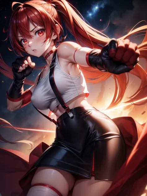 anime girl , (masterpiece, best quality,    1girl, glowingveins, red theme, glowing veins  defTifa, white crop top, elbow pad, fingerless gloves, suspenders, pencil skirt, black socks, glowing eyes, night sky, looking at viewer, furrowed brow, fighting sta...