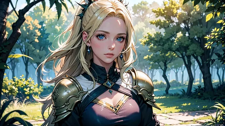 ((Wallpaper in 2.5D anime, MMORPG style), (best quality, 4k, 8k, highres, masterpiece:1.2), ultra-detailed, (realistic, photo-realistic:1.37)). In a wide, expansive setting of dazzling fantasy, a blonde warrior woman of European beauty assumes a dynamic co...