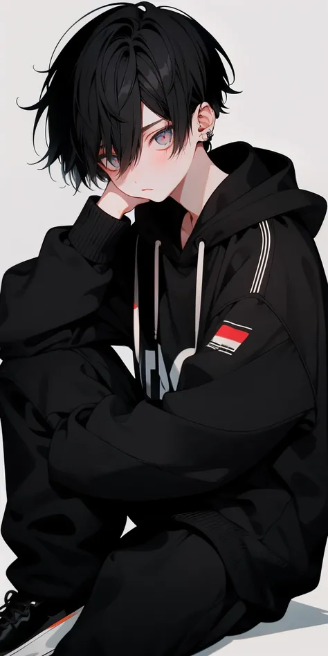 1 boy, black hair, short hair, sitting pose, hoodie, no background