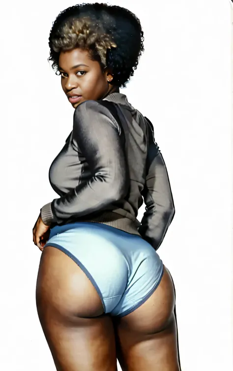 ((masterpiece, best quality)), ((33 year old)), (((Curvy))), ((Black woman with large afro)), in ((light blue fullback cotton panties)), beige sweater, ((Large hips)), (((photo realistic))), ((80s film, 80s movie scene, 80s TV Style))