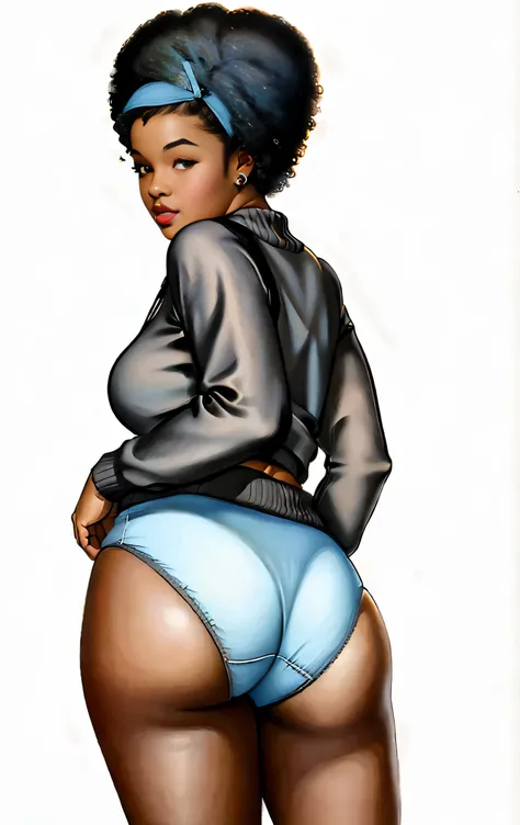 ((masterpiece, best quality)), ((33 year old)), (((Curvy))), ((Black woman with large afro)), in ((light blue fullback cotton panties)), beige sweater, ((Large hips)), (((photo realistic))), ((((realistic art style, 50s pinup art))))