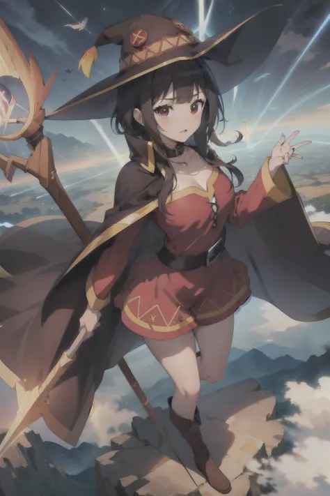 masterpiece, best quality, highly quality , megu-kj , megu dress , megu hat , megu cape , shapely , staff , holding staff , boot...