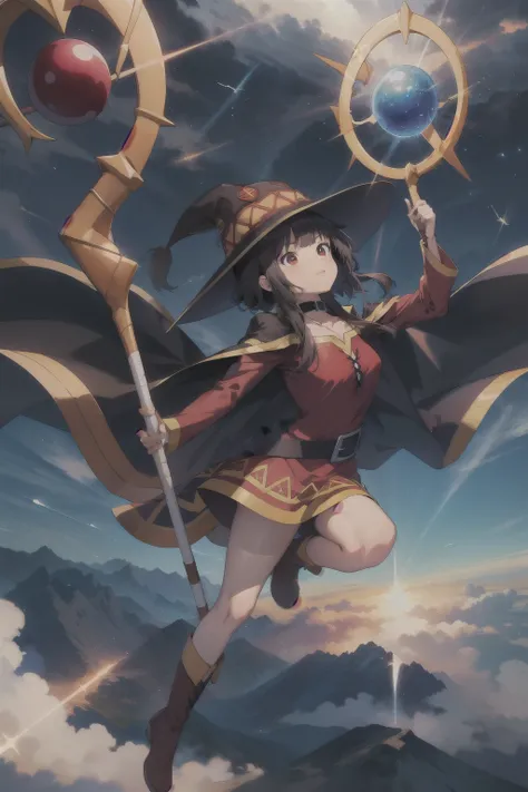 masterpiece, best quality, highly quality , megu-kj , megu dress , megu hat , megu cape , shapely , staff , holding staff , boot...