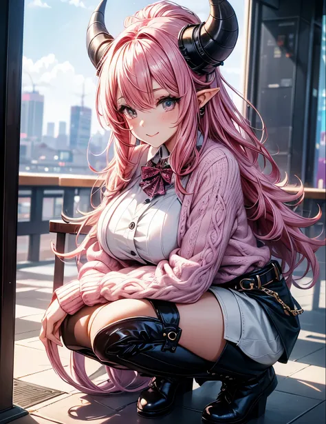 1girl, pink hair, trendy hairstyle, horns, hd quality, 4k, 8k, knitted cardigan, boots, fluffy hat, , kawaii, stepped on pov, below boot pov, huge breasts, cityscape, crouched, demoness