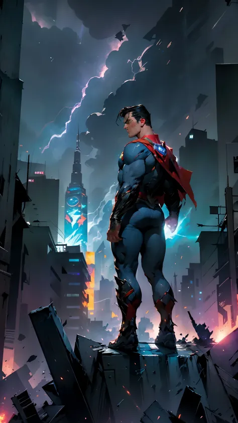 Superman e Batman lutando, destroyed city in the background, Lightning in the sky, fim do mundo, Fallen Supergirl 